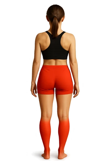 CORPO DI UNA DONNA DI SPALLE in gym shorts A FIGURA INTERA con solo parte inferiore evidenziata IN ROSSO, IPERREALISTICA 4K sticker