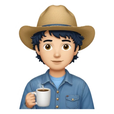 Ranch hand with blue hat and coffee mug, curly black hair sticker