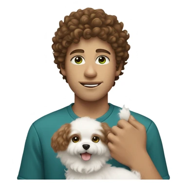 White boy with curly brown hair and blue-ish green eyes holding a small white fluffy dog sticker