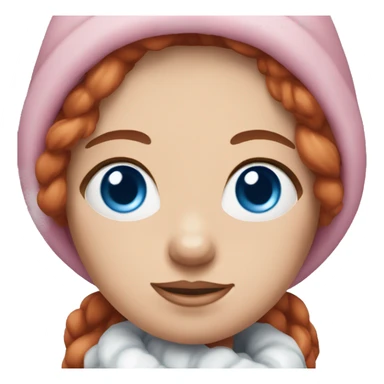 Woman with red hair, blue eyes wearing pink winter clothes holding a small white Shichon sticker