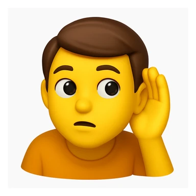 A 3D emoji in iOS emoji aesthetic style of a person holding one hand to their ear, leaning slightly forward as if trying to listen carefully, with a curious and attentive expression, glossy Apple-style design, clean white background.

 sticker