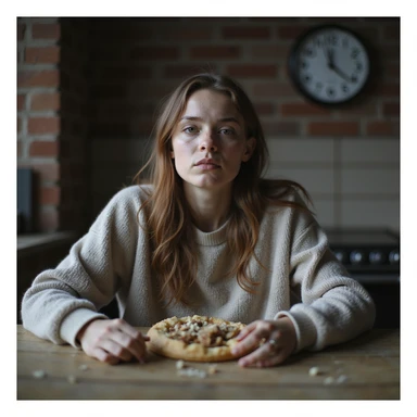 thin young woman with hollow cheeks and dark circles, wearing large sweater, sitting at table with cold uneaten food, kitchen clock at 3PM in background, natural light, hyperrealistic 4K details sticker