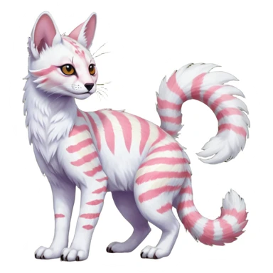 Colorful tropical feathery tribal pale light fruity pastel white glorious iridescent divine exotic cute albino neon vibrant spooky evil zigzagged cool beautiful fantasy-caracal-civet-genet-sergal-vernid-Gryphon-Cacomistle-Trico-oncilla-animal-Fakémon-hybrid-fursona (full body), facial markings,  sticker