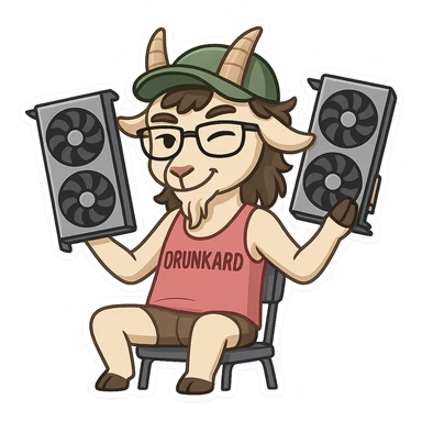 goat for Telegram stickers inspired by reference https://attic.sh/feoducyurkpqwz0la088soao98sx: wearing a cap, glasses, mullet hairstyle, pink drunkard tank top, sitting on a chair, holding a large video card in each hand at shoulder level, winking, pose like in the photo, clean lines, soft gradients. transparent background sticker