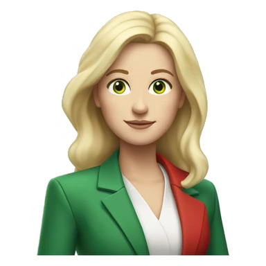 Woman, white, shoulder-length blonde hair, green eyes, red blazer, star PT  sticker