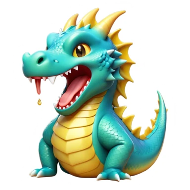 Cinematic Cute Yawning Dragon Portrait Emoji, Head tilted slightly with a dramatic, wide-open yawn, showcasing a soft, lustrous scaled body with gently drooping fins and half-closed, drowsy eyes, each scale rendered in exquisite detail under natural light; high shine, relaxed yet expressive, styled with a dash of fantastical charm, soft glowing outline, capturing the essence of a sleepy yet affectionate dragon that appears ready to stretch out and rest in its enchanted lair! sticker