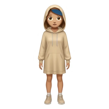 fullbody, head-to-toe, Lazarus's sister, Jesus's friend, with brown hair, beige dress, and a head hoodie, normal emoji style, different pose sticker
