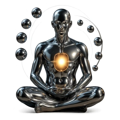 chrome style meditating figure in the lotus position with an open chest revealing a glowing light or energy inside, surrounded by spiraling spheres and a glowing aura, highly polished sticker