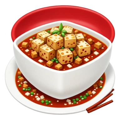 Mapo Tofu spicy red with tofu cubes and minced meat, simplified emoji style with bold outlines and bright colors, cartoon style Sichuan famous dish sticker