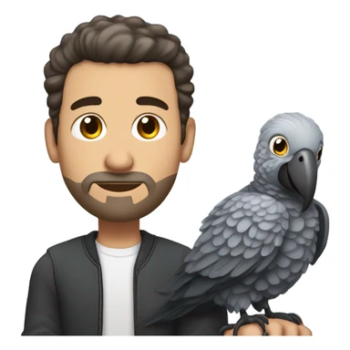 White Man with dark brown pompadour hair and dark brown short beard sitting on top of a giant african grey bird sticker