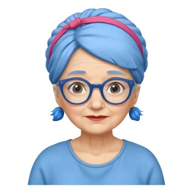 fat old woman with blue bun hair and glassess and headband sticker