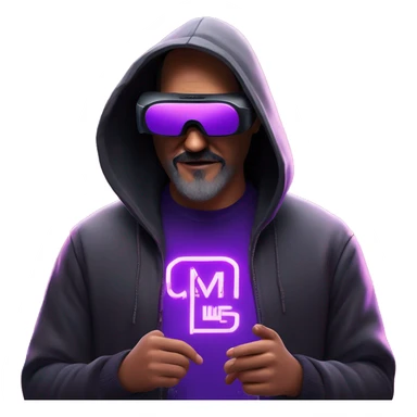 Big Lebowski wearing a black hoodie with "OMG" letters on it and VR headset oculus quest 2 in a cyberpunk VR environment with violet neon lighting. sticker