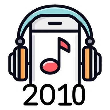 Music playlist icon with smartphone, headphones, and "2010" text, representing 2010s decade music sticker