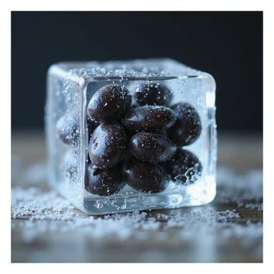 Make this image photorealistic, with black beans inside a clear ice cube. Add visible frost and condensation on the surface. Keep the background transparent. sticker