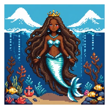 Dark brown skin mermaid princess with long flowing hair and royal accessories in deep blue ocean sticker