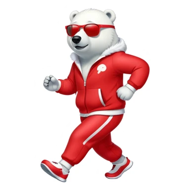 friendly anthropomorphised polar bear jogging upright, wearing bright red tracksuit and dark sunglasses sticker