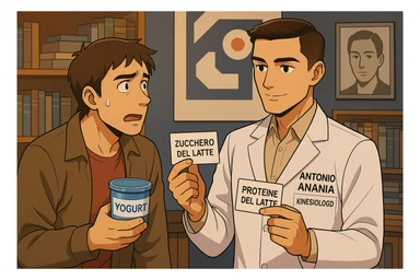 fai un webtoon manga a colori con questo stile, in cui un uomo ASCOLTA Il kinesiologo con il camice bianco (fagli anche la scritta "ANTONIO ANANIA" SUL CAMICE, IL KINESIOLOGO SPIEGA ALL'UOMO UNA COSA TENENDO DUE FOGLIETTINI IN MANO, UNO CON LA SCRITTA "ZUCCHERO DEL LATTE" E UNA CON LA SCRITTA "PROTEINE DEL LATTE". L'UOMO OSSERVA LO YOGURT CHE HA IN MANO CON ESPRESSIONE DUBBIOSA IN VOLTO. non fare i fumetti però, fai solo in modo che sembri stiano parlando sticker