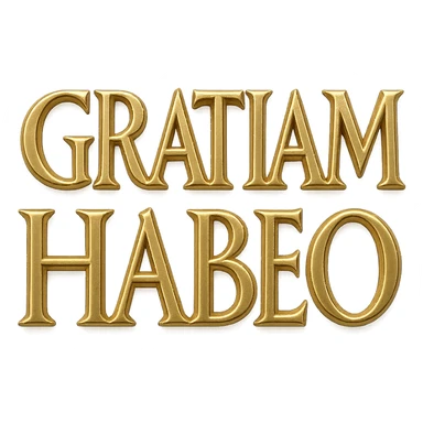 'GRATIAM HABEO' in gold, Roman rustic capitals, large and bold on clear background, authentic first-century AD rustic letterforms, metallic effect sticker