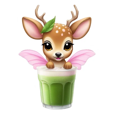 baby deer with fairy wings and a pink bow around its neck drinking iced matcha latte  sticker