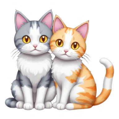 full body large dark grey and white cat cuddling a colourful light patched calico + white tabby cat  sticker