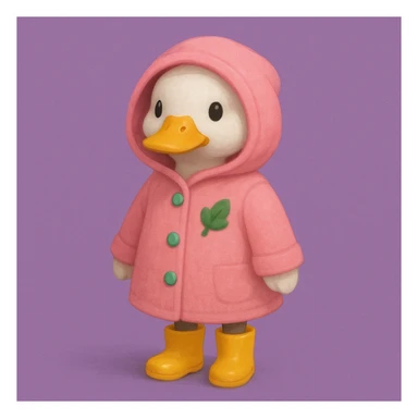A duck wearing a pink hooded coat with green buttons and a green leaf on the chest, and yellow boots. The background is plain and purple. sticker