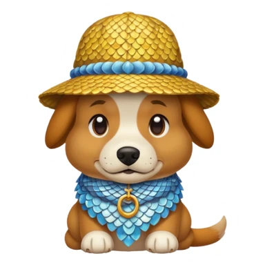 Dog covered in scales wearing a hat sticker