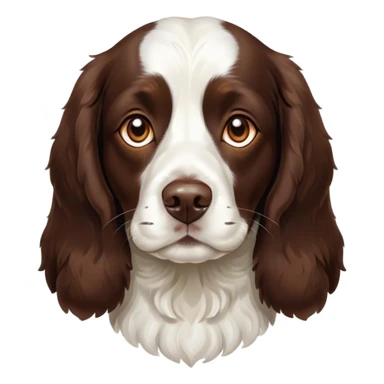 Cinematic Noble Springer Spaniel Portrait Emoji, Poised and regal, with a medium build and a glossy, well-groomed Fur of rich liver and white, deep-set soulful brown eyes, Simplified yet sharp and sophisticated features, highly detailed, glowing with a soft, dignified glow, high shine, intelligent and alert, stylized with an air of grace, focused and attentive, soft glowing outline, capturing the essence of a watchful and confident companion, so majestic it feels as though it could bound out of the screen with effortless authority! sticker