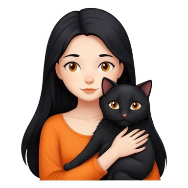 A girl with long black hair hugs a black cat, an orange cat, and a black cat sticker