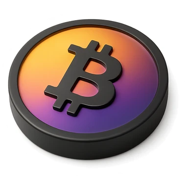 3D black style Bitcoin coin with a gradient from yellow to orange to purple to violet, shiny finish sticker
