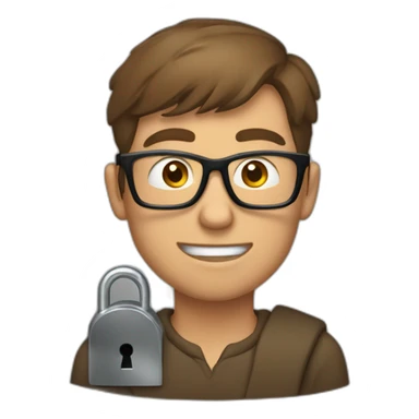 brown-short-haired man wearing glasses, struggling to fit a key into a door-lock sticker