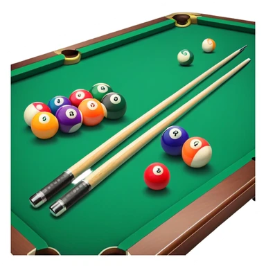 Two crossed pool cues resting on a billiard table, with colorful billiard balls scattered across the surface. The background features the felt of the table, creating an inviting atmosphere for a game of precision and strategy sticker