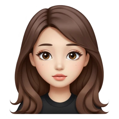 “korean straight brown hair Emoji girl, soft eyeliner and blush, gradient lips, light brown shimmer eyeshadow, long wavy hair,  sticker