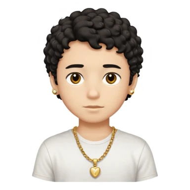 a boy with short black curly hair and brown eyes with white t-shirt and gold jewelry  sticker