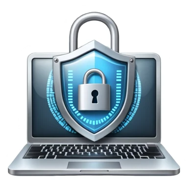 An icon featuring a digital shield with a lock, binary code, symbolizing cybersecurity. The design includes a laptop, warning icons, and secure network nodes, representing protection against cyber threats. Transparent background highlights digital safety and defense. sticker