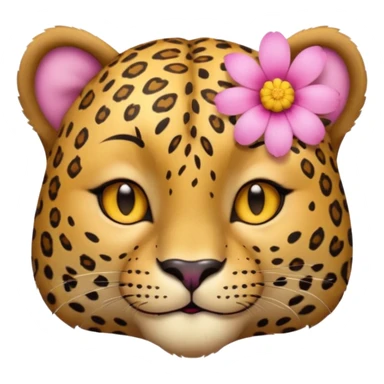 eyes closed, A leopard with peaceful smile, A pink flower with a yellow center is tucked behind its right ear
 sticker
