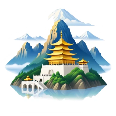 Mount Emei misty peaks with golden temple Sichuan, simplified emoji style with bold outlines and bright colors, cartoon style mountain with clouds sticker