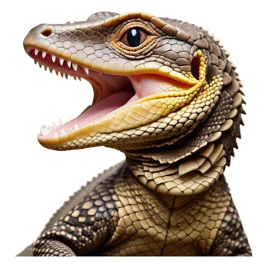 Cinematic Cute Yawning brown camo spotted monitor Lizard Portrait Emoji, Head tilted slightly with a dramatic, wide-open yawn, showcasing textured, patterned scales and sleepy, half-closed eyes exuding relaxed charm, Simplified yet irresistibly adorable features, highly detailed, glowing with a soft, cozy glow, high shine, relaxed yet expressive, stylized with a dash of whimsical wildness, soft glowing outline, capturing the essence of a drowsy yet affectionate reptile that appears ready to stretch out for a nap! sticker
