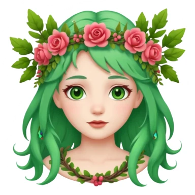 A forest princess with green hair, green eyes, wearing a wreath of flowers and branches sticker