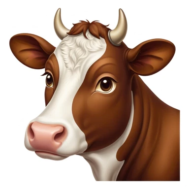 Cinematic Noble Brown and White Cow Portrait Emoji, Poised and regal, with a large, sturdy build and a beautifully patterned hide of rich brown accented by crisp white patches, deep-set soulful brown eyes, Simplified yet sharp and sophisticated features, highly detailed, glowing with a soft, dignified glow, high shine, intelligent and calm, stylized with an air of pastoral majesty, focused and attentive, soft glowing outline, capturing the essence of a watchful and confident bovine guardian, so majestic it feels as though it could amble out of the screen with effortless authority! sticker