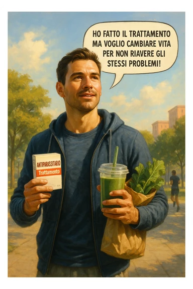 A realistic, cinematic illustration of a man in his early 30s with a determined and hopeful expression, standing outside under a bright morning sky, holding a small box labeled 'Antiparasitic Treatment' in one hand, while in the other hand he holds a fresh green smoothie or a bag of vegetables. A speech bubble near him says: ‘Ho fatto il trattamento ma voglio cambiare vita per non riavere gli stessi problemi!’ The man is wearing casual but clean and sporty clothing, symbolizing a fresh start, with the background showing a city park with green trees, morning light, and people jogging, indicating a healthy lifestyle. The atmosphere is bright, uplifting, and motivating, clearly illustrating the transition from treatment to lifestyle change to prevent future health issues. The style is realistic with warm tones, showing positive energy and commitment to change in italiano sticker