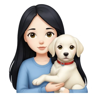 A beautiful girl with long black hair and fair skin is holding a white Labrador sticker