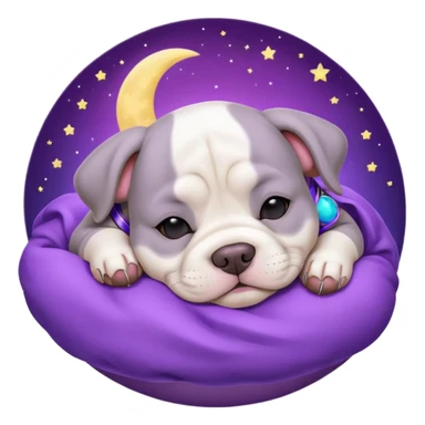 purple moon with a sleeping grey bull dog puppy with a purple collar sticker
