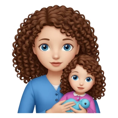 Una niña con ojos celestes y pelo rizado con piel blanca y con una muñeca  sticker