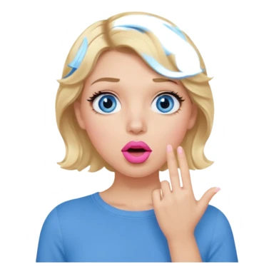 Girl Blonde short wavy hair,  blue eyes, cute blue top, long lashes, pink lips, shocked, hand over the mouth sticker