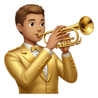 Cinematic Realistic Trumpet, polished brass with warm golden reflections, intricate valve details subtly highlighted, soft hands pressing the keys, glowing with bold and triumphant musical energy. sticker
