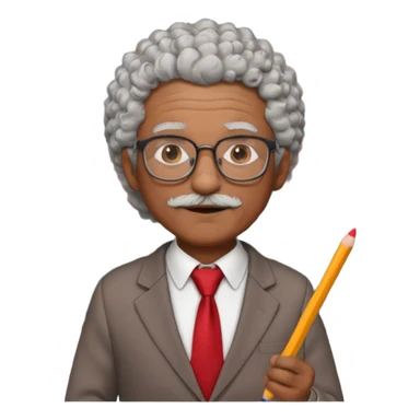 old man teacher, brown skin, curly grey white hai, wearing glasses, brown suit, red tie hold chalk on hand sticker