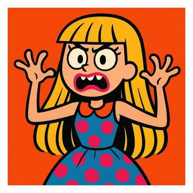 white girl with long hair and bangs, pink lipstick, wearing a cute dress, making a scary expression, fun and appealing style, playful illustration, cartoon, charming and whimsical sticker