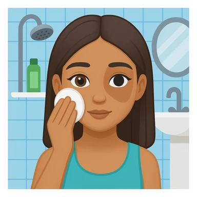 Add a bathroom background behind the Latin girl removing makeup. The style should resemble emoji style with simple, colorful, and concise features. sticker