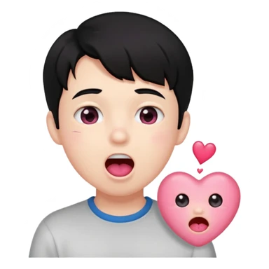 Boy with black hair, blushing, pink heart eyes, mouth open and drooling sticker