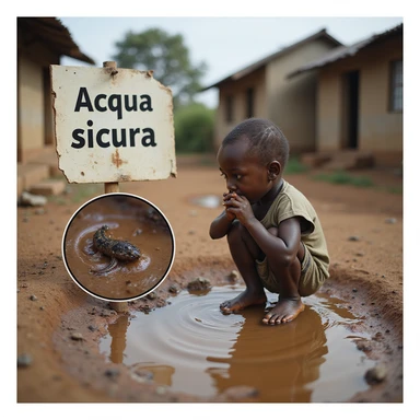 realistic or semi-realistic African child drinking from a muddy puddle in a village with simple houses, a torn or fallen sign reading 'Acqua sicura'; inset showing a microscopic view of schistosoma larvae penetrating the child's skin (foot or leg in water); social and health warning atmosphere sticker